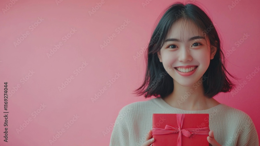 Happy beautiful Asian teen woman smile with red gift box isolated on pink background. Teenage girls in love, Receiving gifts from lovers. Christmas and Valentines Day concept. Happy beautiful Asian teen woman smile with red gift box isolated on pink background. Teenage girls in love, Receiving gifts from lovers. Christmas and Valentines Day concept.