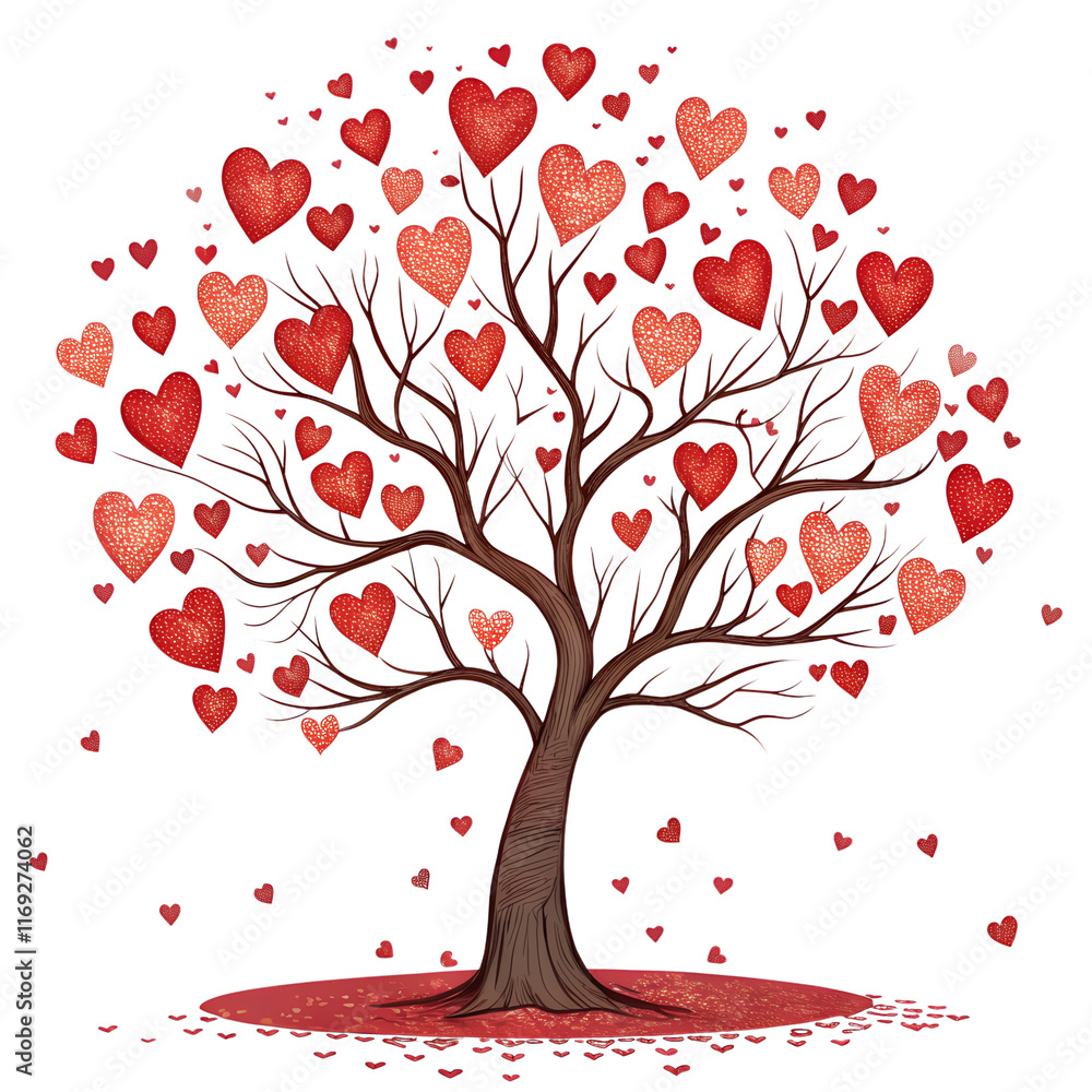 Fototapeta premium Romantic Heart Tree with Falling Leaves - Whimsical tree adorned with red heart-shaped leaves and delicate branches, surrounded by falling hearts, on a black background.