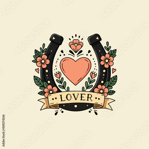 A stylized illustration of a black horseshoe with a heart and flowers a lover themed design.