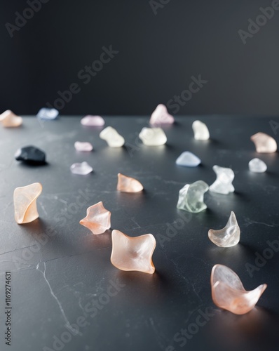 Delicate Translucent Shapes Scattered on a Dark Surface Showcasing Unique Textures. photo