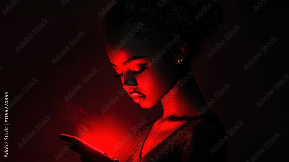 a young woman illuminated by the light of a device she is holding, which emits a striking red glow. The background is predominantly black, creating a stark contrast that emphasizes her silhouette. a young woman illuminated by the light of a device she is holding, which emits a striking red glow. The background is predominantly black, creating a stark contrast that emphasizes her silhouette.