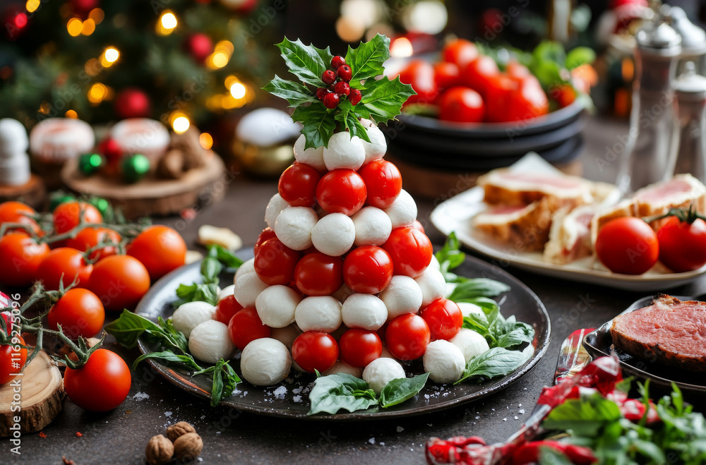 A festive arrangement showcases mozzarella balls and cherry tomatoes stacked to form a Christmas tree shape. Fresh basil and red berries add color, surrounded by a holiday setting with decorations A festive arrangement showcases mozzarella balls and cherry tomatoes stacked to form a Christmas tree shape. Fresh basil and red berries add color, surrounded by a holiday setting with decorations