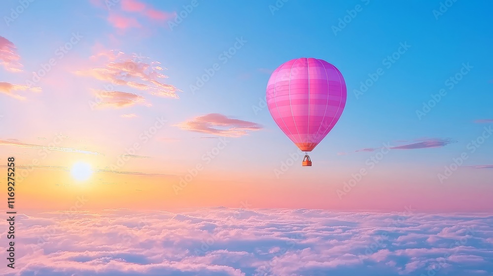 Fototapeta premium Hot Air Balloon Rising at Sunrise Over Clouds Inspirational Journey Serene Sky Dream Pursuit