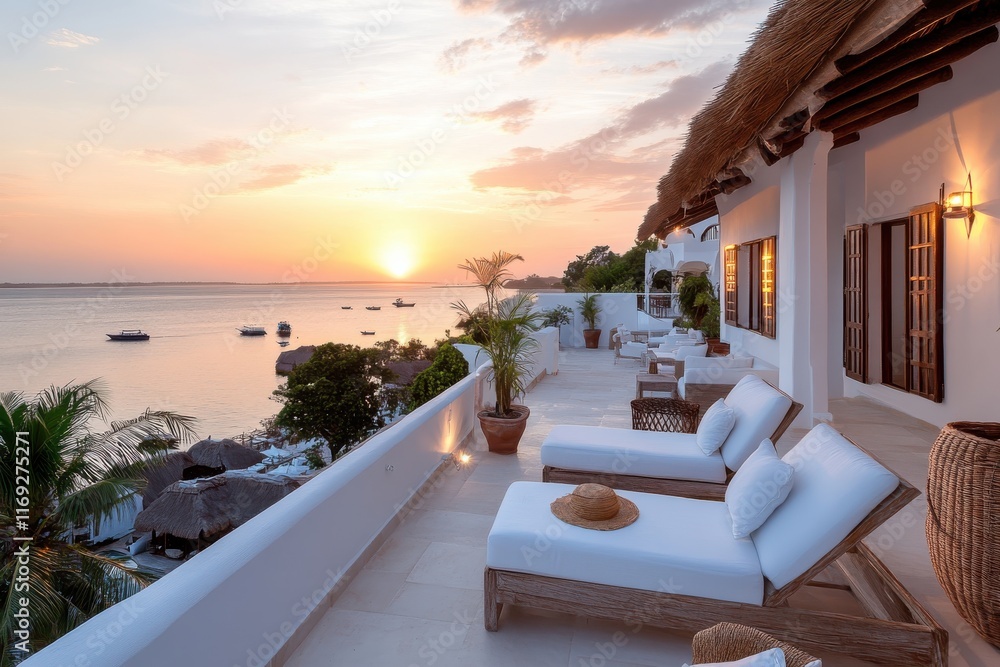 Fototapeta premium A picturesque terrace that captures the essence of a stunning sunset over the ocean, adorned with comfortable seating for the perfect evening relaxation experience.