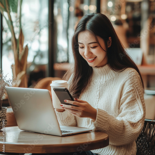 happy asian woman sit in cafe drink a cup of coffe and using smartphone with laptop 