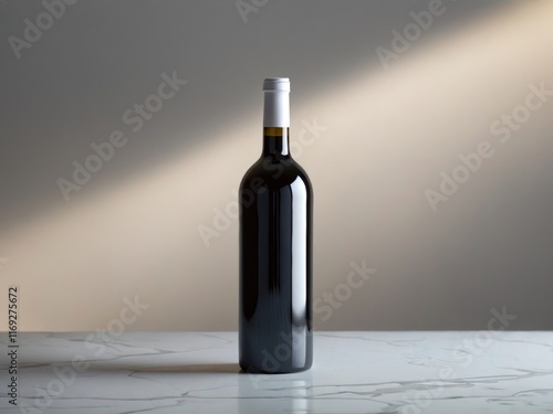 Bottle of red wine with blank label on marble surface. photo