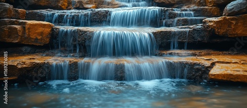 Serene cascading waterfall flowing over layered rocks.