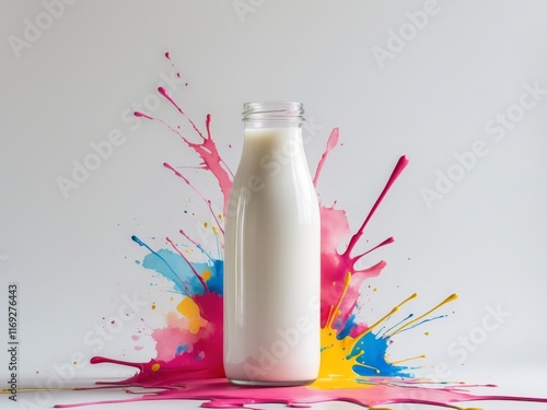 Sleek Strawberry Milk Bottle Surrounded by Color Splashes. photo