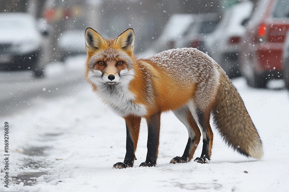 Fototapeta premium a red fox walking across a snow covered street next to a trash can and garbage can in the snow