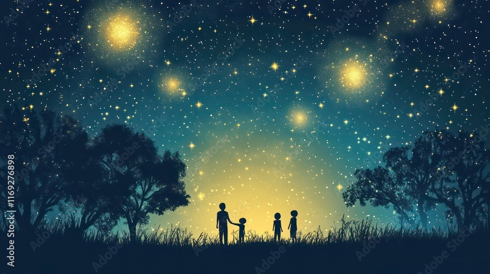 Family silhouetted against a vibrant night sky filled with stars, standing in a grassy field surrounded by trees. Family silhouetted against a vibrant night sky filled with stars, standing in a grassy field surrounded by trees.