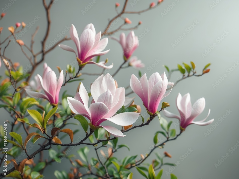 Obraz premium Vibrant Magnolias in Bloom with Pink and White Petals Surrounded by Green Foliage.