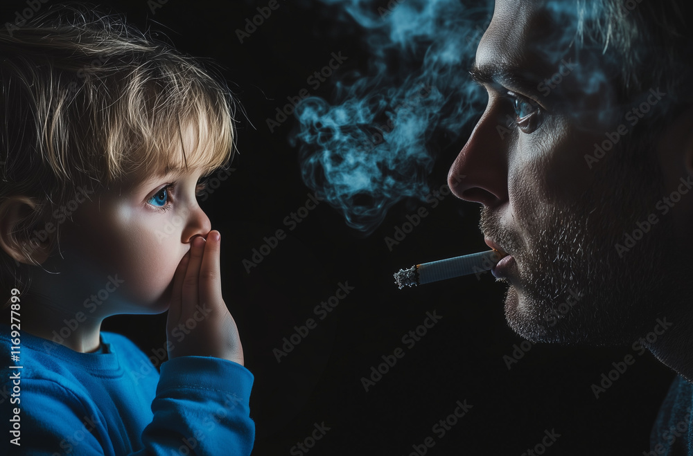 Fototapeta premium A child looks up with wide eyes while covering their mouth, observing an adult who is smoking. The dimly lit background enhances the tension of the moment, showcasing the contrast in their reactions
