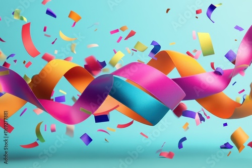 Colorful ribbons and confetti create a festive atmosphere ideal for celebrating a special sale during a bright, cheerful event