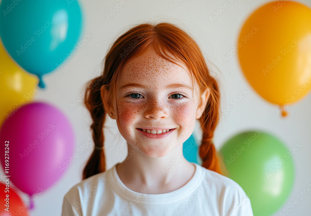 Child with curly red hair and freckles beams joyfully in front of vibrant balloons during a festive occasion, exuding happiness and energy in a party atmosphere