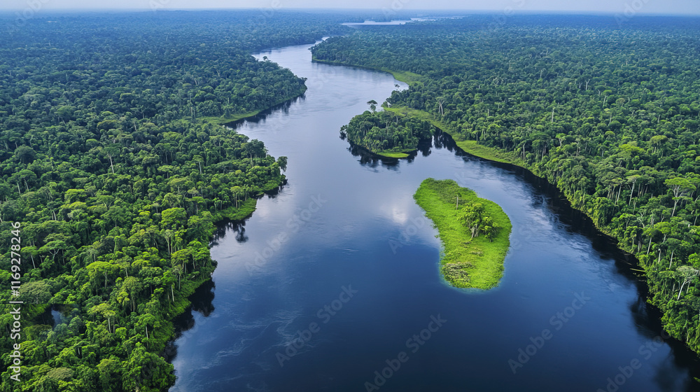 Lush Amazon rainforest with winding river and vibrant greenery Lush Amazon rainforest with winding river and vibrant greenery