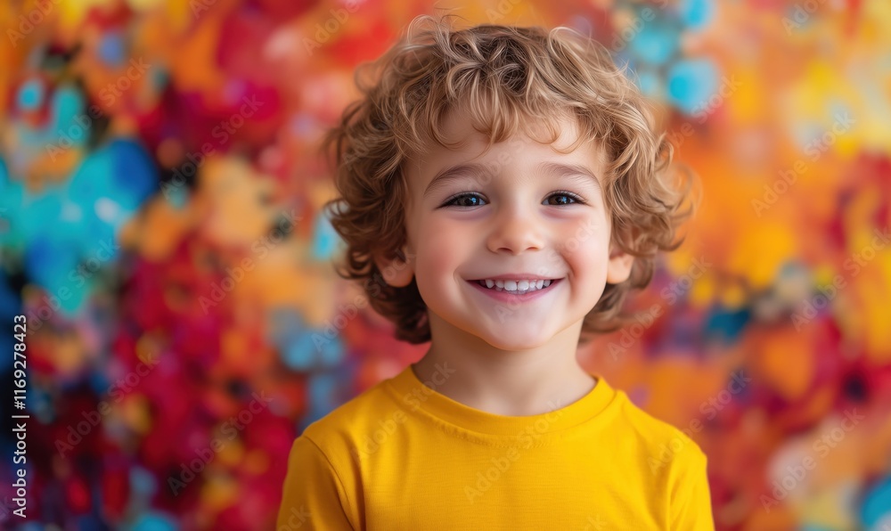 Smiling boy with curly hair in bright yellow shirt against colorful abstract background, showcasing joy and innocence Smiling boy with curly hair in bright yellow shirt against colorful abstract background, showcasing joy and innocence