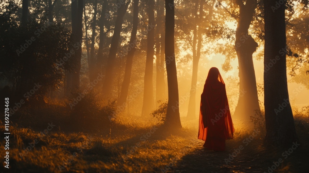 A figure in a red cloak walks through a misty forest at sunset, creating a serene atmosphere. A figure in a red cloak walks through a misty forest at sunset, creating a serene atmosphere.