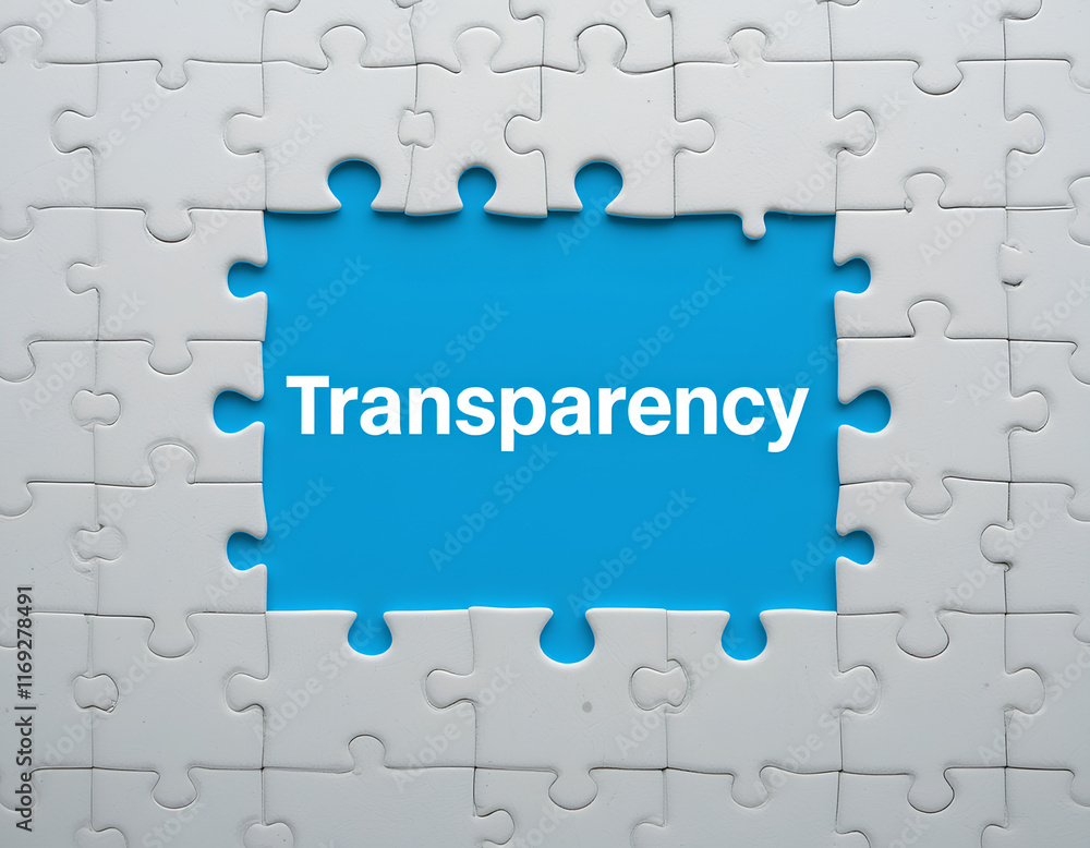 white puzzle with missing piece, revealing red background with the word 'transparency'. white puzzle with missing piece, revealing red background with the word 'transparency'.