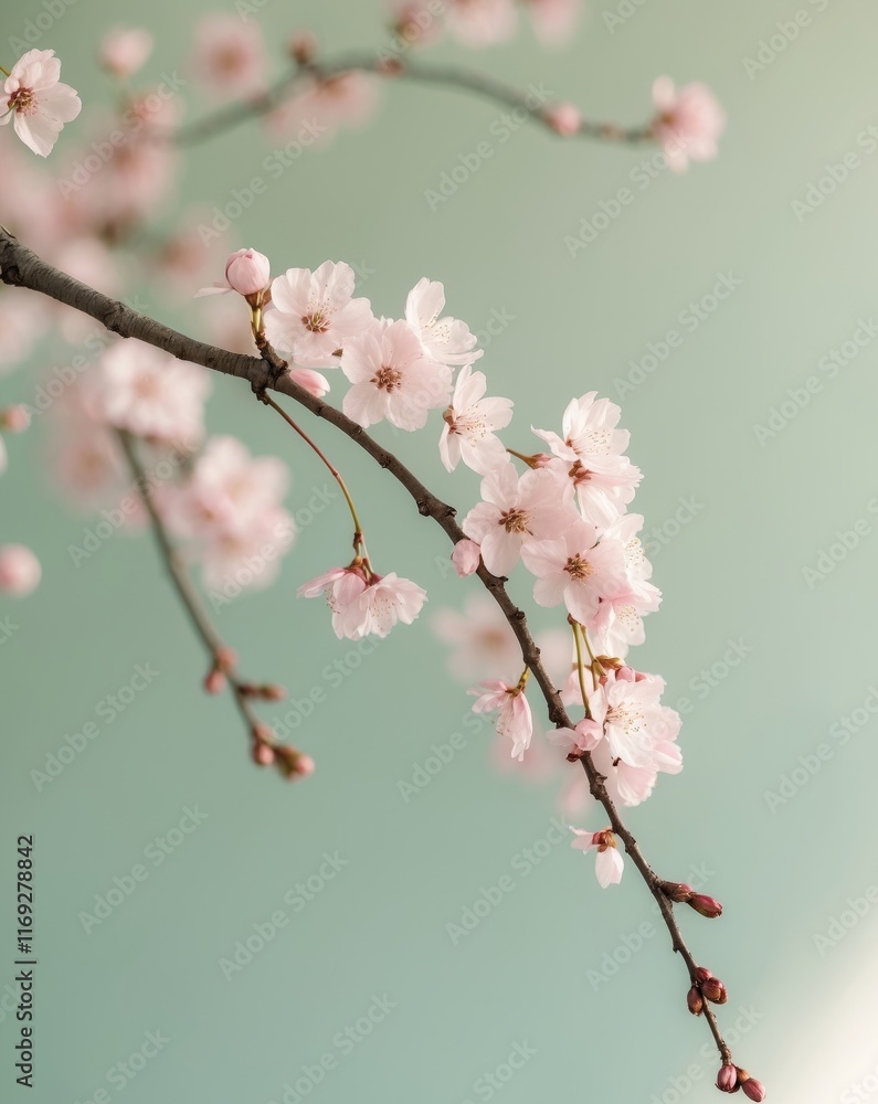 Delicate Cherry Blossom Branch with Soft Green Background. Delicate Cherry Blossom Branch with Soft Green Background.