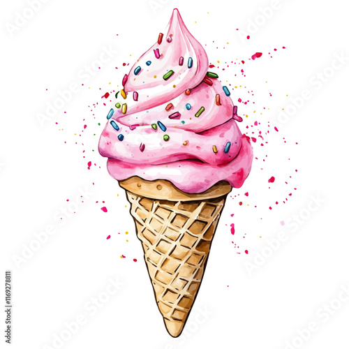 A watercolor vector painting of a strawberry ice cream cone with sprinkles, isolated on a white background. Strawberry ice cream vector.

