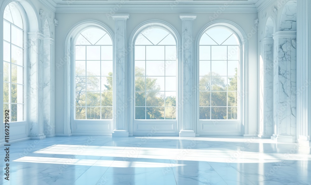 Bright, airy interior of a luxurious marble-floored room with large arched windows showcasing lush greenery outside Bright, airy interior of a luxurious marble-floored room with large arched windows showcasing lush greenery outside