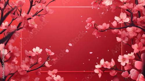 Crimson Blossom Frame: A vibrant illustration featuring delicate pink cherry blossoms framing a bold red background. Perfect for adding a touch of elegance and springtime charm to your designs. 