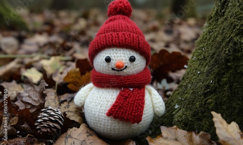 Adorable handmade snowman figurine wearing red knitted hat and scarf, surrounded by autumn leaves and pine cone, showcasing cozy winter vibes photo