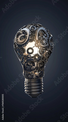 A conceptual image of a lightbulb made up of interconnected gears and circuits, symbolizing innovative ideas and technology. The lightbulb emits a soft glow against a dark gradient background.