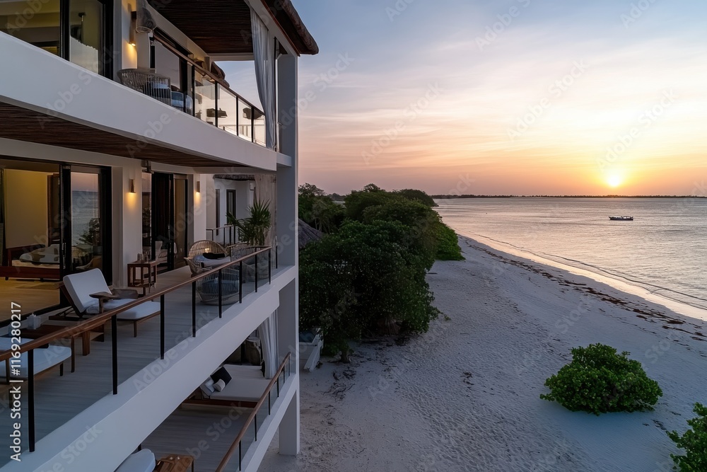 Fototapeta premium A beautiful view from a cozy oceanfront room captures the essence of relaxation, offering a unique perspective of the stunning horizon and tranquil beachside atmosphere.