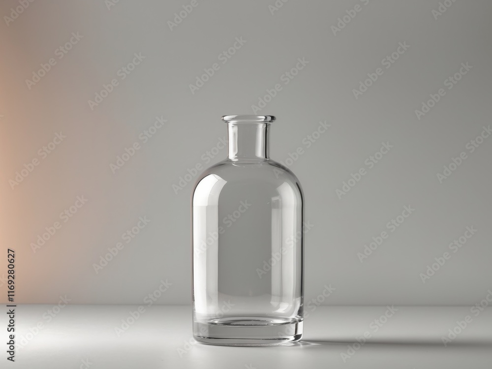 Clear glass bottle on simple light gray background. Clear glass bottle on simple light gray background.