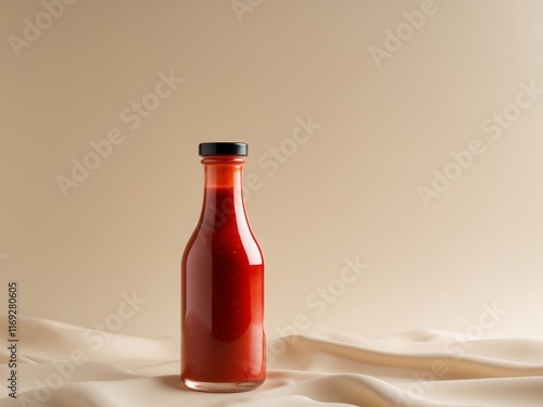 Bottle of red sauce placed on a neutral background with a smooth finish photo