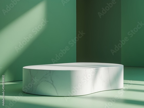 White marble podium with green background.