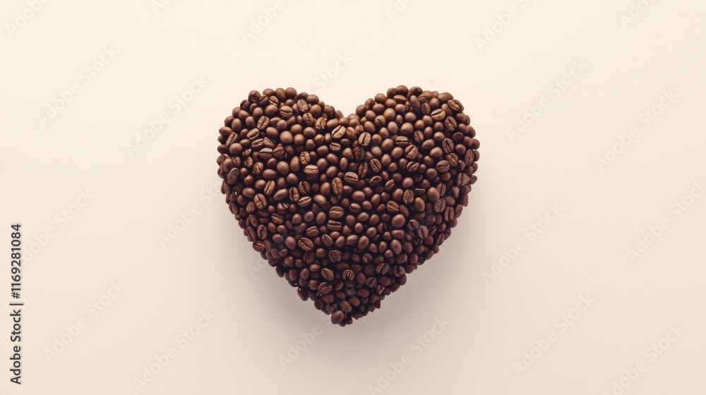 Coffee lover. Coffee beans arranged in a beautiful heart shape on white background. Festive card for Valentines Day. top view. flat lay. 3D illustration Coffee lover. Coffee beans arranged in a beautiful heart shape on white background. Festive card for Valentines Day. top view. flat lay. 3D illustration