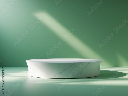 White marble podium with green background.
