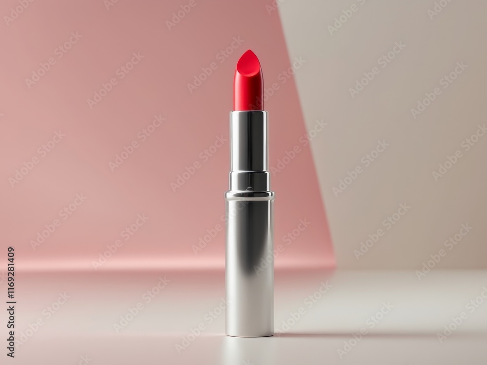A lipstick is shown with a silver tube and a pink background. A lipstick is shown with a silver tube and a pink background.