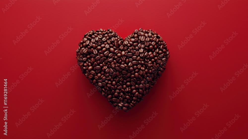 Coffee lover. Coffee beans arranged in a beautiful heart shape on red background. Festive card for Valentines Day. top view. flat lay. 3D illustration Coffee lover. Coffee beans arranged in a beautiful heart shape on red background. Festive card for Valentines Day. top view. flat lay. 3D illustration