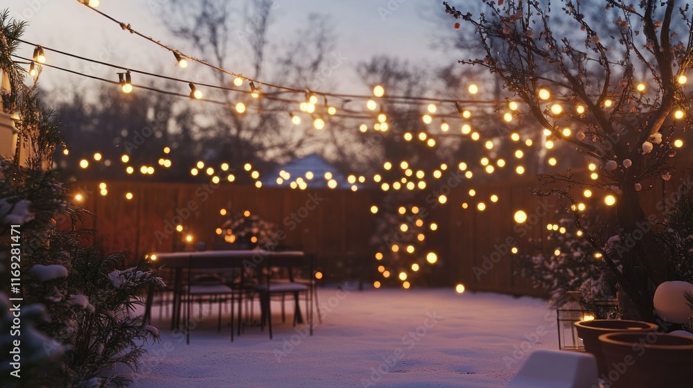 Naklejka premium Snowy garden with string lights at dusk.