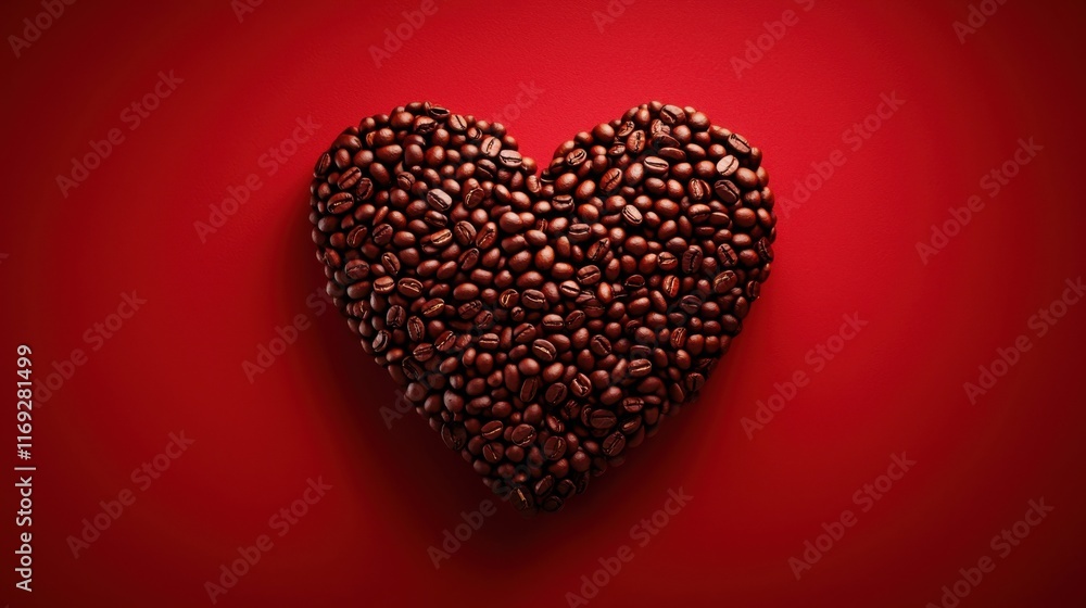 Coffee lover. Coffee beans arranged in a beautiful heart shape on red background. Festive card for Valentines Day. top view. flat lay. 3D illustration Coffee lover. Coffee beans arranged in a beautiful heart shape on red background. Festive card for Valentines Day. top view. flat lay. 3D illustration