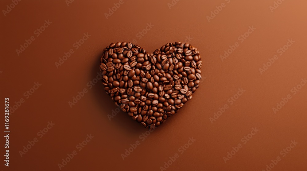 Coffee lover. Coffee beans arranged in a beautiful heart shape on brown background. Festive card for Valentines Day. top view. flat lay. 3D illustration Coffee lover. Coffee beans arranged in a beautiful heart shape on brown background. Festive card for Valentines Day. top view. flat lay. 3D illustration