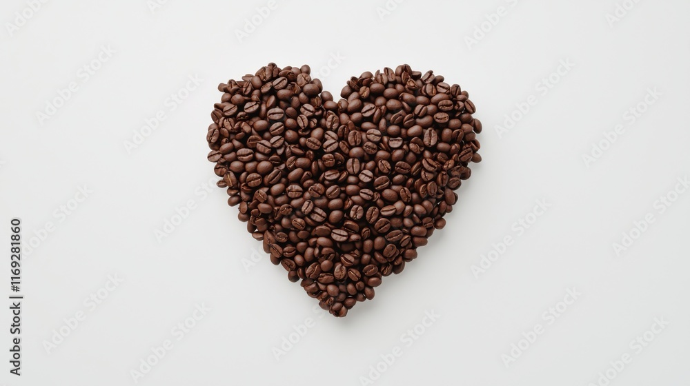 Coffee lover. Coffee beans arranged in a beautiful heart shape on white background. Festive card for Valentines Day. top view. flat lay. 3D illustration Coffee lover. Coffee beans arranged in a beautiful heart shape on white background. Festive card for Valentines Day. top view. flat lay. 3D illustration