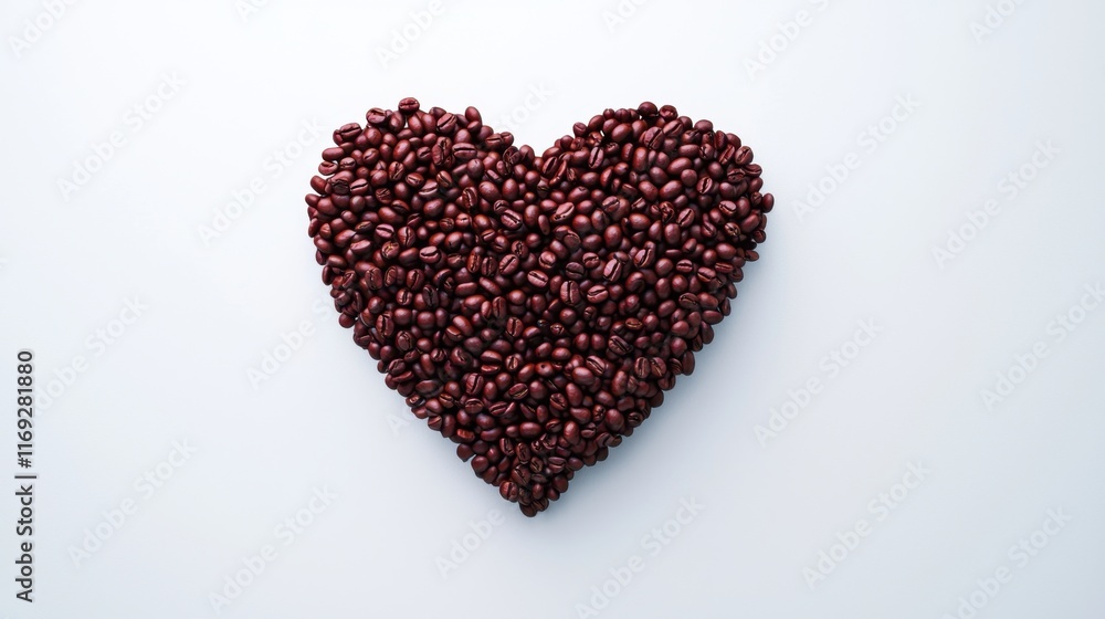 Coffee lover. Coffee beans arranged in a beautiful heart shape on white background. Festive card for Valentines Day. top view. flat lay. 3D illustration Coffee lover. Coffee beans arranged in a beautiful heart shape on white background. Festive card for Valentines Day. top view. flat lay. 3D illustration