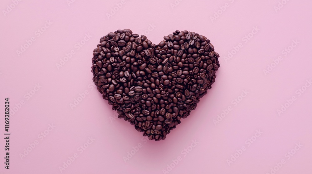 Coffee lover. Coffee beans arranged in a beautiful heart shape on pink background. Festive card for Valentines Day. top view. flat lay. 3D illustration Coffee lover. Coffee beans arranged in a beautiful heart shape on pink background. Festive card for Valentines Day. top view. flat lay. 3D illustration