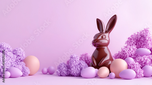 Chocolate easter bunny with eggs on lilac background photo