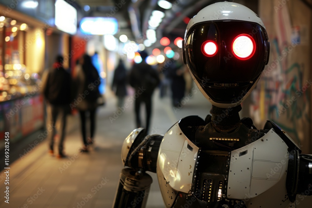 Fototapeta premium A robot is standing in front of a fire, with its head turned to the side