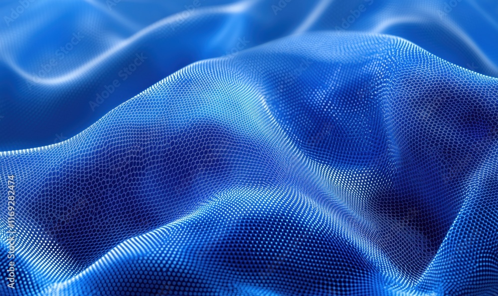 Blue textured fabric waves with intricate mesh pattern and soft folds creating a dynamic visual effect Blue textured fabric waves with intricate mesh pattern and soft folds creating a dynamic visual effect