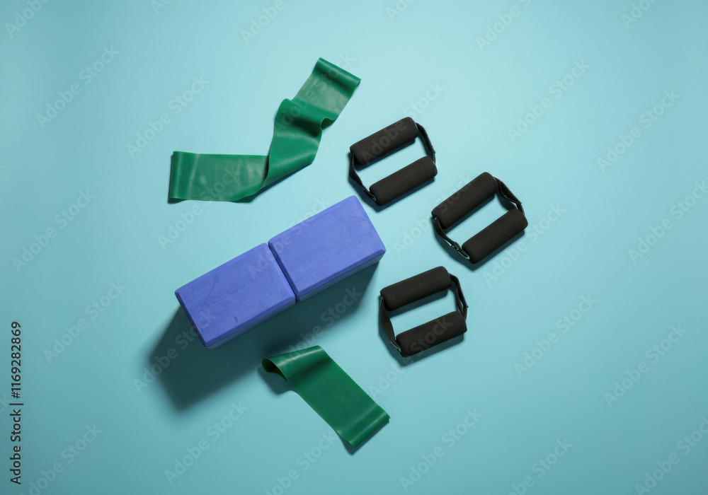Fitness Equipment Flat Lay on Blue Background Fitness Equipment Flat Lay on Blue Background