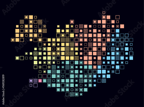 Iceland, shape of the country build of colored cells. Digital style map of the Iceland on dark background. Large size square blocks. Classy vector illustration.