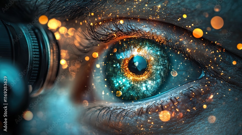 Close-up of a human eye reflecting vibrant light effects and bokeh, creating a futuristic and cosmic aesthetic Close-up of a human eye reflecting vibrant light effects and bokeh, creating a futuristic and cosmic aesthetic