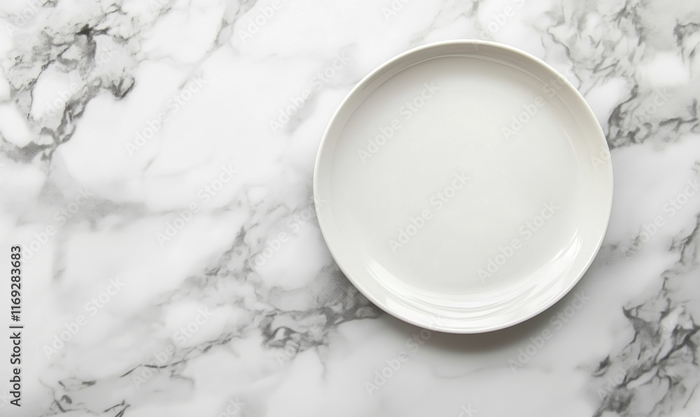 Empty white plate on marble surface, minimalist design, clean aesthetic, perfect for food presentation, dining, or culinary photography Empty white plate on marble surface, minimalist design, clean aesthetic, perfect for food presentation, dining, or culinary photography