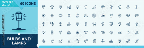 Set of Bulbs and Lamps line icons. Includes thin line efficient, chandelier, street, fire, diode, fluorescent, creative, lantern. Outline icon. Vector outline and solid icons collection.